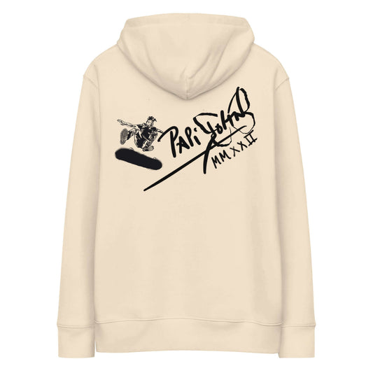 Back view showing the heavy organic cotton hoodie silhouette, relaxed hood, and architectural drop of the SALA 5 | The Skate Ollie Eco Hoodie in desert dust by PapiJohn®. Gallery archive piece, honest luxury eco hoodie, and wearable art curated in Cadifornia by $arah Free 💎  featuring the raw manual stroke skater executing an ollie over the historical V logo artwork | High-End skate design | Papijohn® Archive