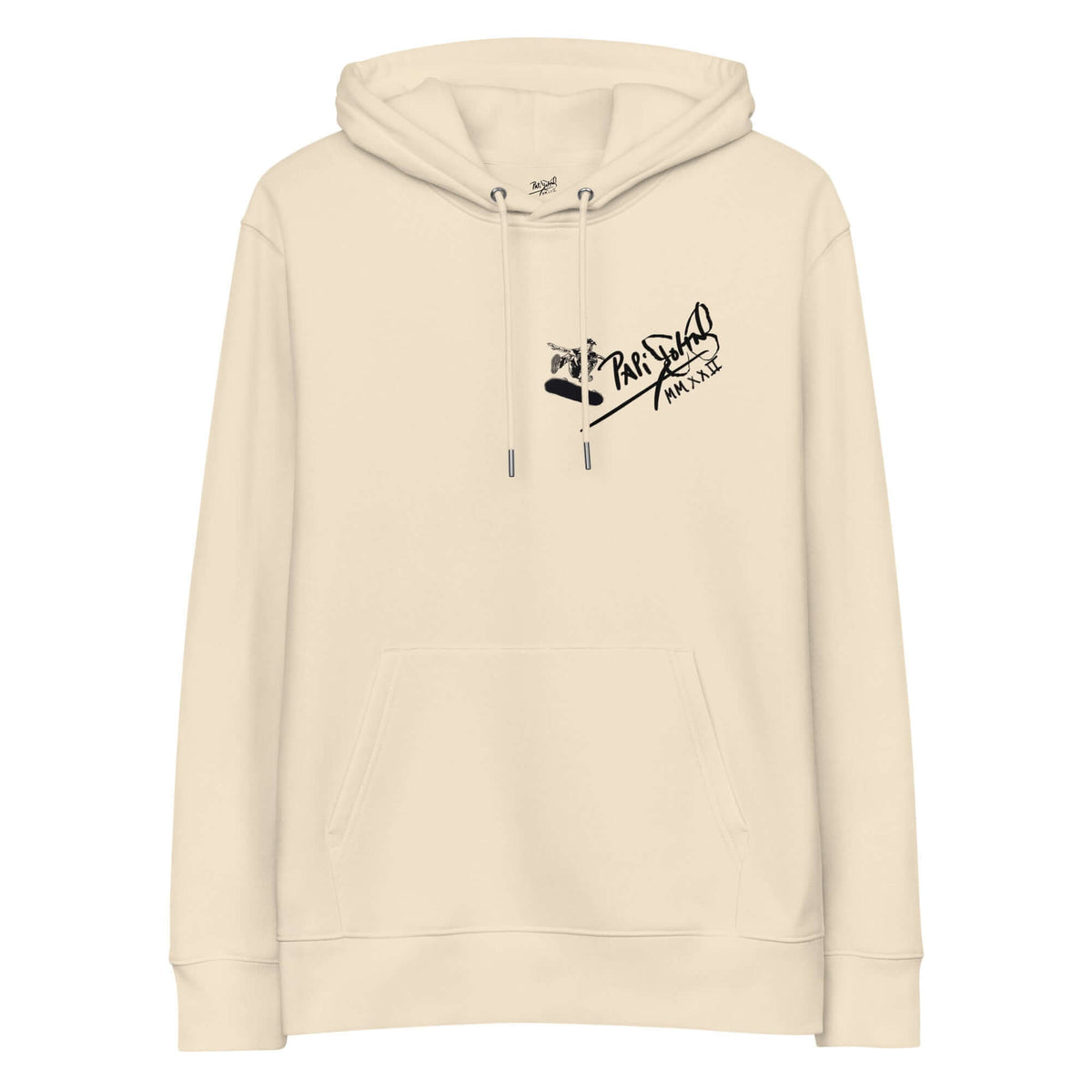 Front view of the SALA 5 | The Skate Ollie | Heavyweight Eco Canvas Hoodie in desert dust by PapiJohn®. Featuring a skate ollie graphic artwork over the signature V-matrix logo on heavy organic desert dust canvas a luxury streetwear piece by $arah Free 💎. High-end conscious luxury streetwear de autor curated in Cadifornia | Premium Street-Couture for global collectors | Papijohn® Archive