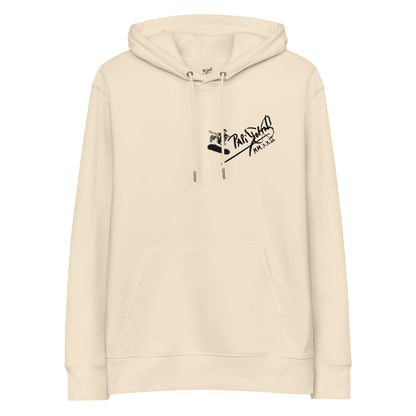 Front view of the SALA 5 | The Skate Ollie | Heavyweight Eco Canvas Hoodie in desert dust by PapiJohn®. Featuring a skate ollie graphic artwork over the signature V-matrix logo on heavy organic desert dust canvas a luxury streetwear piece by $arah Free 💎. High-end conscious luxury streetwear de autor curated in Cadifornia | Premium Street-Couture for global collectors | Papijohn® Archive