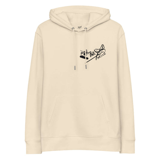 Front view of the SALA 5 | The Skate Ollie | Heavyweight Eco Canvas Hoodie in desert dust by PapiJohn®. Featuring a skate ollie graphic artwork over the signature V-matrix logo on heavy organic desert dust canvas a luxury streetwear piece by $arah Free 💎. High-end conscious luxury streetwear de autor curated in Cadifornia | Premium Street-Couture for global collectors | Papijohn® Archive