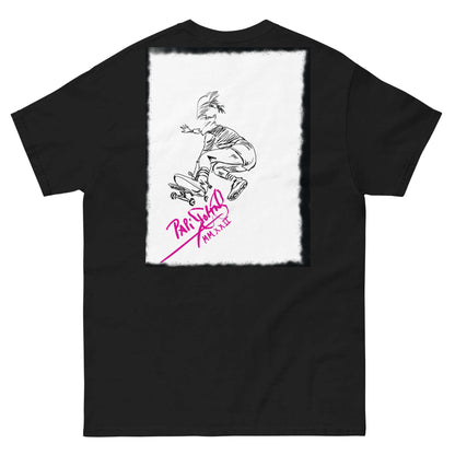 Back view showing the 100% cotton tubular fabric silhouette and classic fit drape of the SALA 5 | The Skate Ollie | Graff Frame Canvas Tee in black by PapiJohn®. Gallery archive piece, honest luxury streetwear, and wearable art curated in Cadifornia by $arah Free 💎.