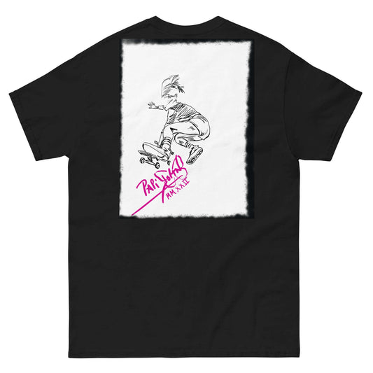 Back view showing the 100% cotton tubular fabric silhouette and classic fit drape of the SALA 5 | The Skate Ollie | Graff Frame Canvas Tee in black by PapiJohn®. Gallery archive piece, honest luxury streetwear, and wearable art curated in Cadifornia by $arah Free 💎.