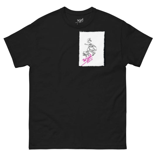 Front view of the SALA 5 | The Skate Ollie | Graff Frame Canvas Tee in black by PapiJohn®. Featuring high-contrast skate ollie DTG artwork framed over the signature V-matrix logo on 100% cotton tubular black tee by $arah Free 💎. High-end classic fit luxury streetwear de autor curated in Cadifornia.