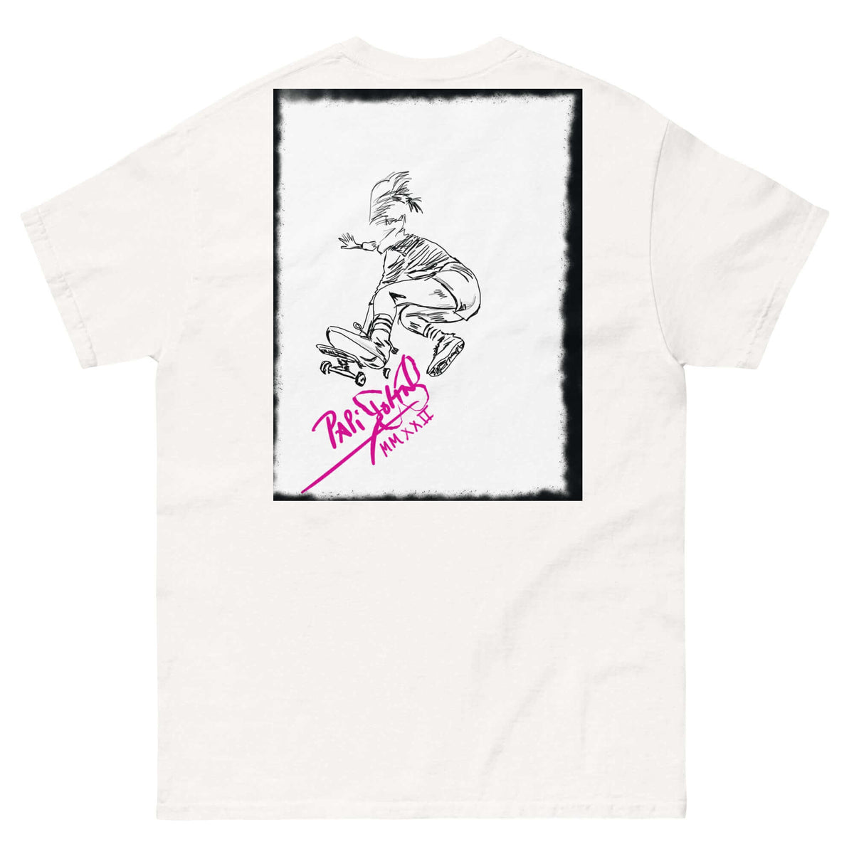 Back view showing the 100% cotton tubular fabric silhouette and classic fit drape of the SALA 5 | The Skate Ollie | Graff Frame Canvas Tee in white by PapiJohn®. Gallery archive piece, honest luxury streetwear, and wearable art curated in Cadifornia by $arah Free 💎.