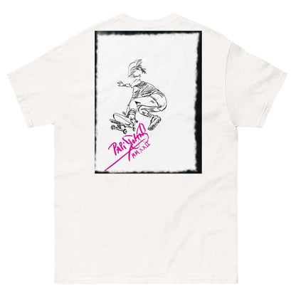 Back view showing the 100% cotton tubular fabric silhouette and classic fit drape of the SALA 5 | The Skate Ollie | Graff Frame Canvas Tee in white by PapiJohn®. Gallery archive piece, honest luxury streetwear, and wearable art curated in Cadifornia by $arah Free 💎.