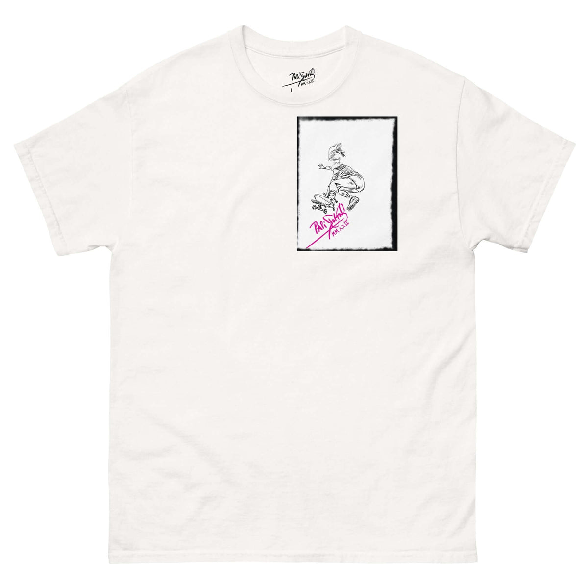 Front view of the SALA 5 | The Skate Ollie | Graff Frame Canvas Tee in white by PapiJohn®. Featuring skate ollie DTG artwork framed over the signature V-matrix logo on 100% cotton tubular white tee by $arah Free 💎. High-end classic fit luxury streetwear de autor curated in Cadifornia.