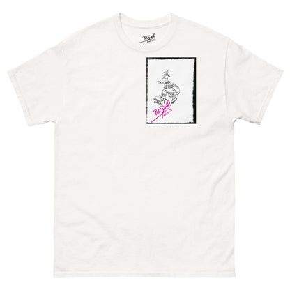 Front view of the SALA 5 | The Skate Ollie | Graff Frame Canvas Tee in white by PapiJohn®. Featuring skate ollie DTG artwork framed over the signature V-matrix logo on 100% cotton tubular white tee by $arah Free 💎. High-end classic fit luxury streetwear de autor curated in Cadifornia.