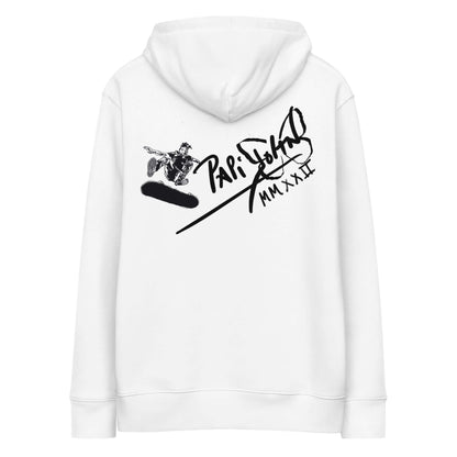 Back view showing the heavy 350 GSM organic cotton hoodie silhouette, relaxed hood, and architectural drop of the SALA 5 | The Skate Ollie Eco Hoodie in white by PapiJohn®. Gallery archive piece, honest luxury eco apparel, and wearable art curated in Cadifornia by $arah Free 💎 showcasing the detailed old-school skate culture ollie action and raw vector matrix layout | High-End design for global skate spots | Papijohn® Archive