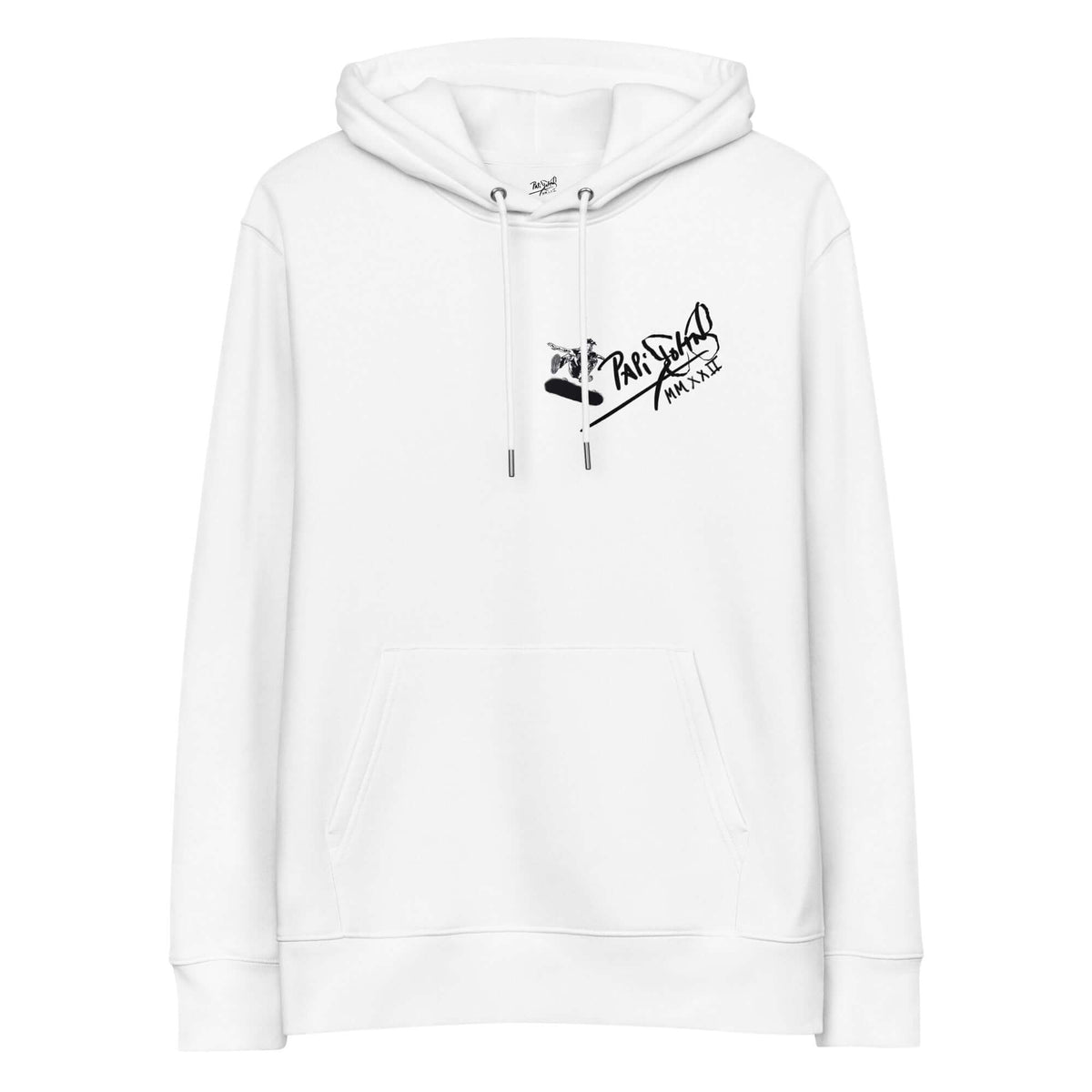 Front view of the SALA 5 | The Skate Ollie | Heavyweight Eco Canvas Hoodie in white by PapiJohn®. Featuring a skate ollie graphic artwork over the signature V-matrix logo on heavy organic white canvas by $arah Free 💎. High-end conscious luxury streetwear de autor curated in Cadifornia. Eco-friendly luxury streetwear piece | Premium Street-Couture for global collectors | Papijohn® Archive
