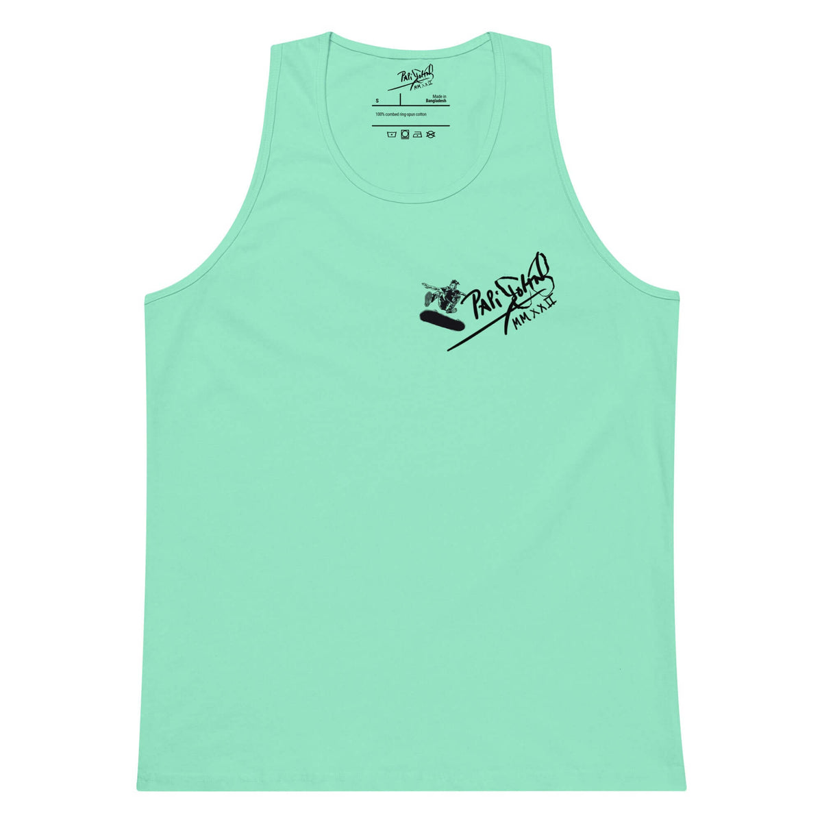 Front view of the mint green tank top SALA 5 | The Skate Signature | Tank Canvas by PapiJohn®. Mint canvas showcasing the skate signature mark by $arah Free 💎 artist uniform streetwear.