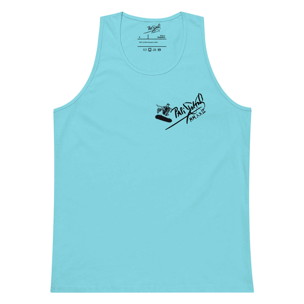 Front view of the pacific blue tank top SALA 5 | The Skate Signature | Tank Canvas by PapiJohn®. Coastal aesthetic with skate signature graphics by $arah Free 💎 artist-driven luxury streetwear.