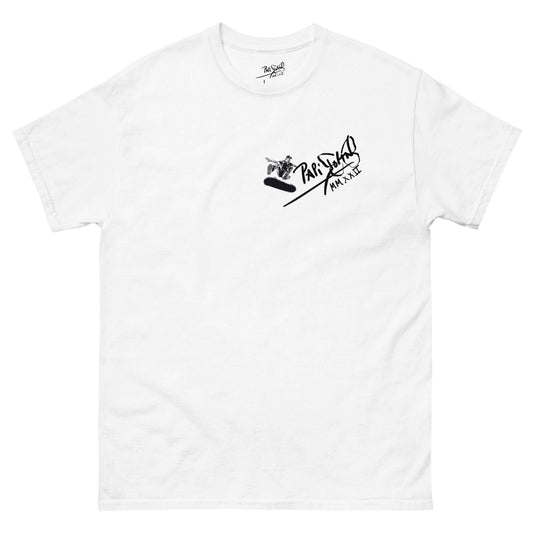 PapiJohn® 🏛️ Sala 5 | The Skate Signature | Pilot Art Canvas — Front view of the White Canvas. Featuring a raw analog Pilot-style hand-drawn signature with a skater executing a perfect ollie over the structural "V" by $arah Free 💎 on heavy white cotton canvas. High-end conscious luxury streetwear de autor curated in Cadifornia.