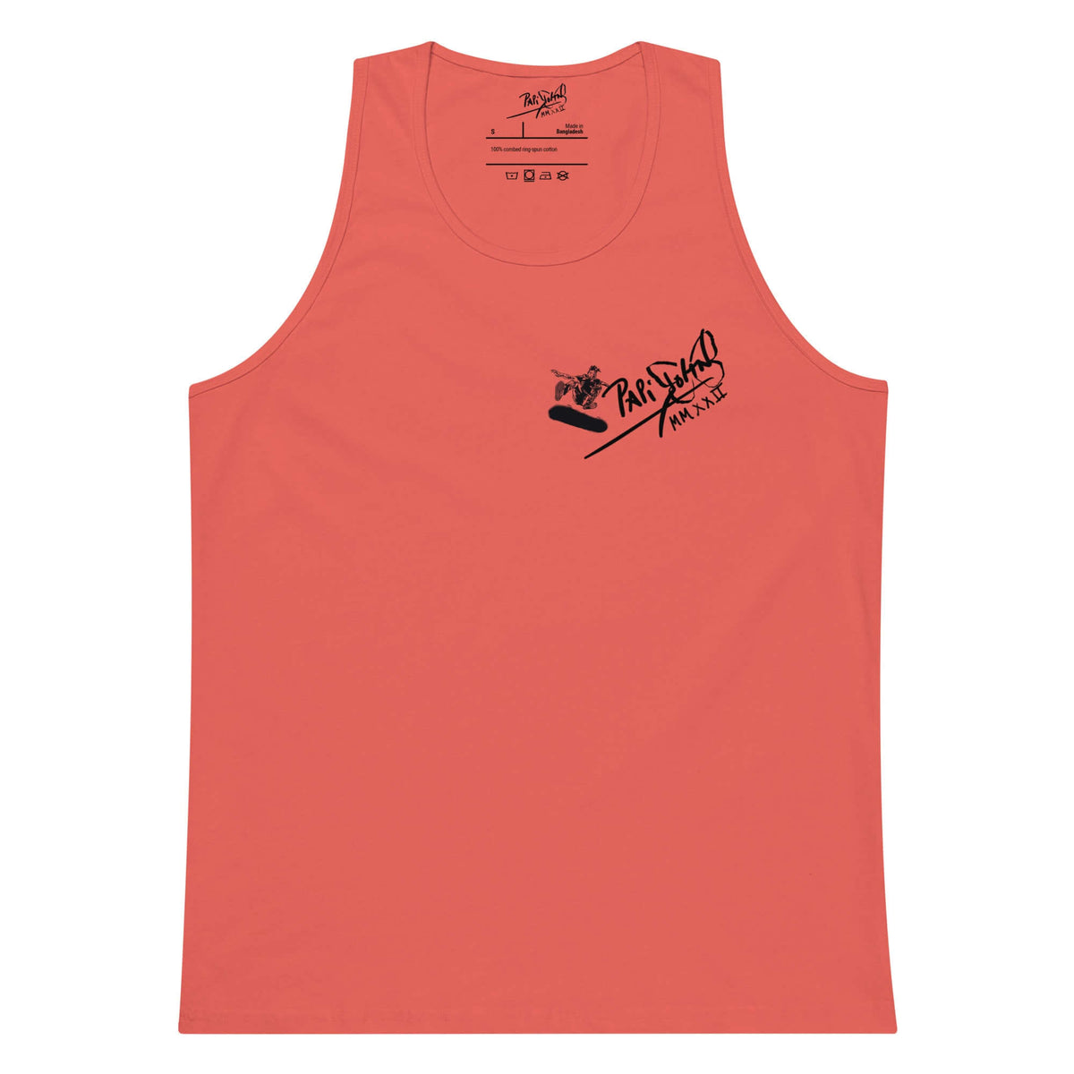 Front view of the coral tank top SALA 5 | The Skate Signature | Tank Canvas by PapiJohn®. Kinetic skate artwork on coral canvas by $arah Free 💎 artist-driven streetwear.