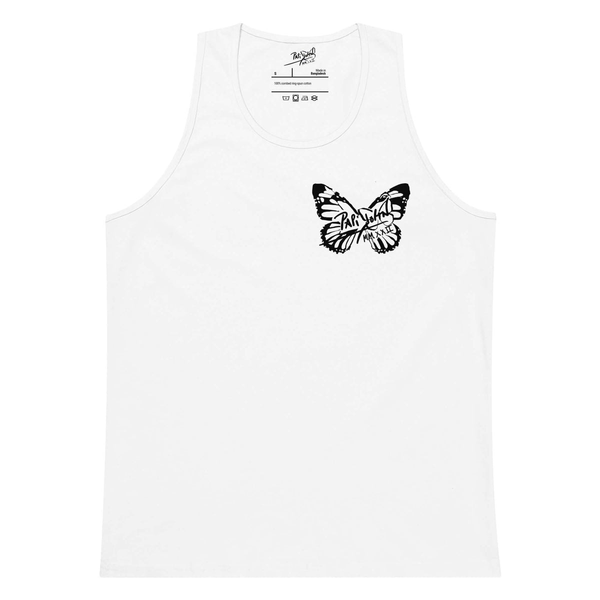 Front view of the white canvas tank top SALA 5 | The Summer Butterfly | The Premium Tank by PapiJohn®. Summer metamorphosis artwork with signature butterfly graphics by $arah Free 💎. Wearable art, conscious art apparel, and streetwear d'auteur ideado en Cadifornia.
