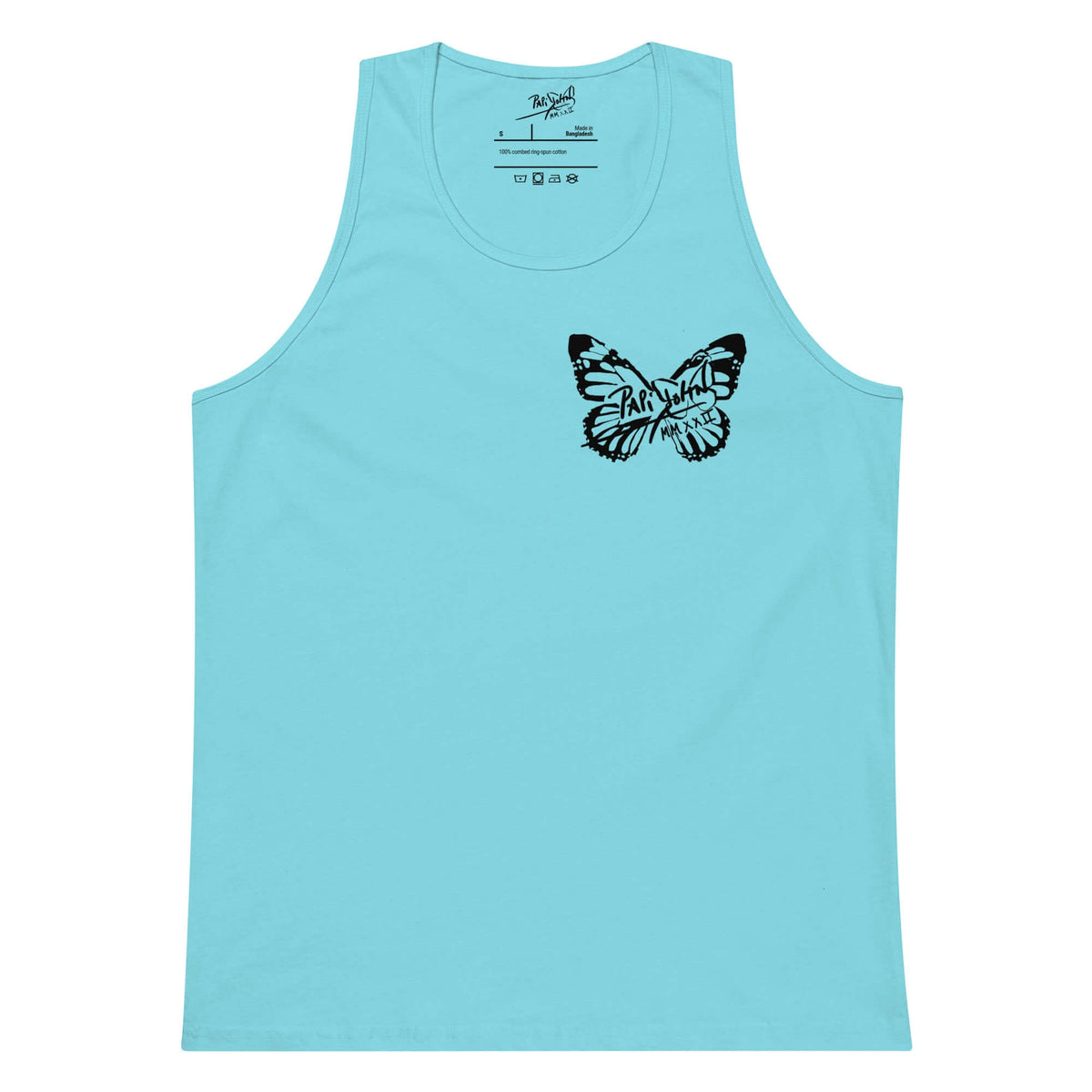Front view of the pacific blue tank top SALA 5 | The Summer Butterfly | The Premium Tank by PapiJohn®. Coastal aesthetic with signature butterfly graphics by $arah Free 💎 artist-driven luxury streetwear.