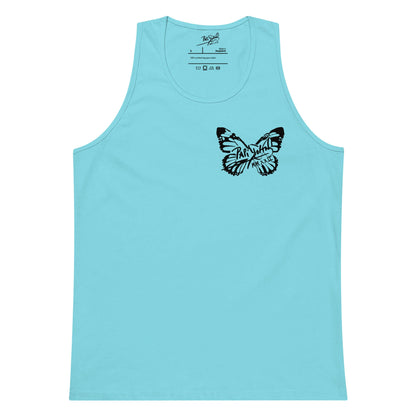 Front view of the pacific blue tank top SALA 5 | The Summer Butterfly | The Premium Tank by PapiJohn®. Coastal aesthetic with signature butterfly graphics by $arah Free 💎 artist-driven luxury streetwear.
