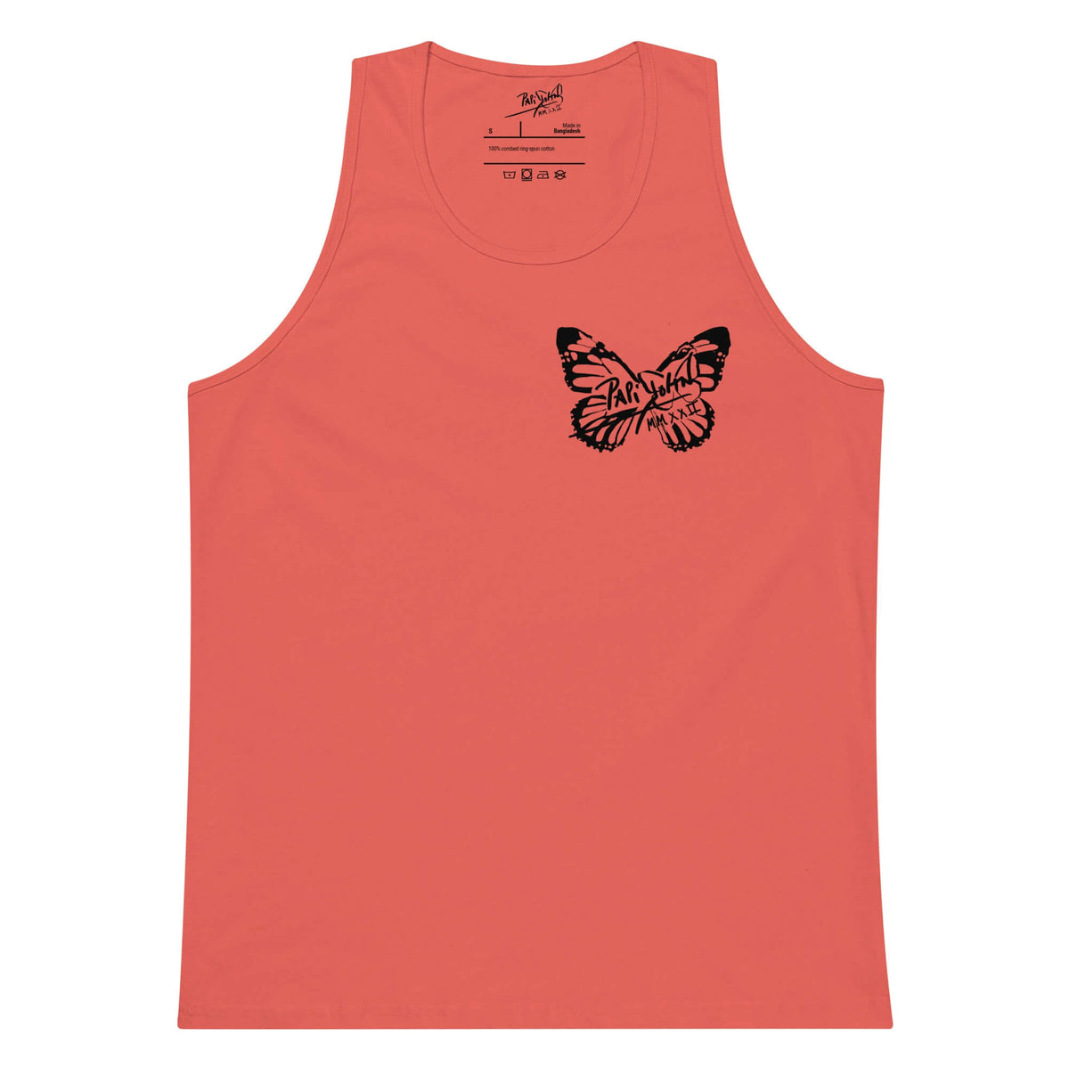 Front view of the coral squash tank top SALA 5 | The Summer Butterfly | The Premium Tank by PapiJohn®. Signature butterfly artwork in vibrant coral squash by $arah Free 💎 artist-driven streetwear.