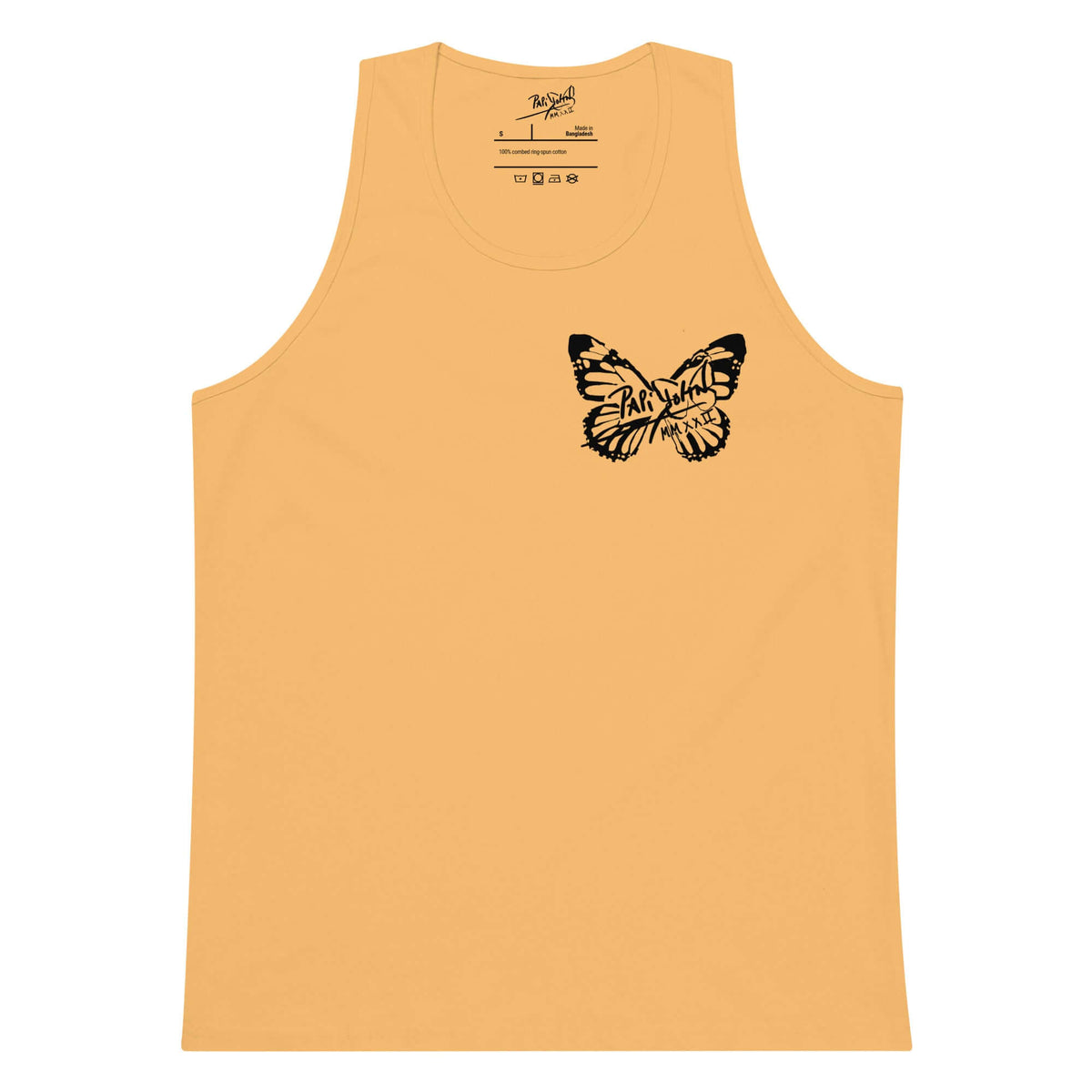 Front view of the squash yellow tank top SALA 5 | The Summer Butterfly | The Premium Tank by PapiJohn®. Signature butterfly artwork on mustard yellow canvas by $arah Free 💎 artist-driven streetwear.