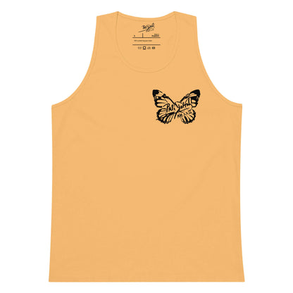 Front view of the squash yellow tank top SALA 5 | The Summer Butterfly | The Premium Tank by PapiJohn®. Signature butterfly artwork on mustard yellow canvas by $arah Free 💎 artist-driven streetwear.