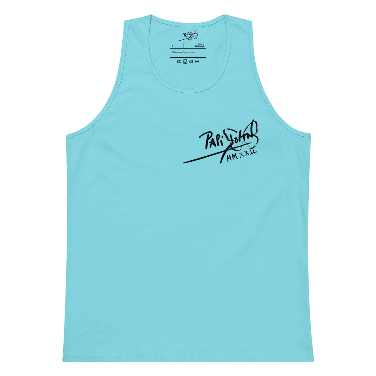 Front view of the pacific blue tank top SALA 5 | The Summer Butterfly | The Premium Tank by PapiJohn®. Coastal aesthetic with signature icon mark by $arah Free 💎 artist-driven luxury streetwear.