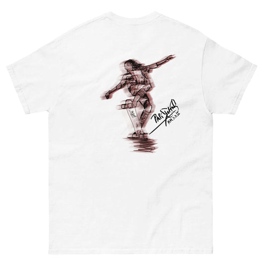 Back view showing the high-density cotton t-shirt silhouette and architectural drape of the SALA 5 | The Tail-Stop | Motion Art Canvas Tee in white by PapiJohn®. Gallery archive piece, honest luxury apparel, and wearable art curated in Cadifornia by $arah Free 💎.