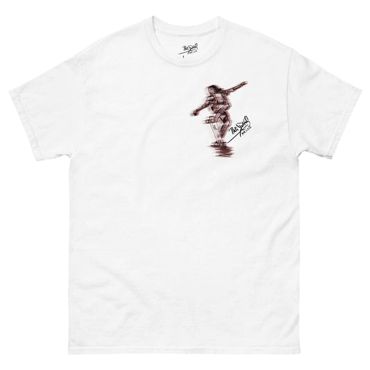 Front view of the SALA 5 | The Tail-Stop | Motion Art Canvas Tee in white by PapiJohn®. Featuring technical tail-stop skate artwork with realistic dynamic shading on heavy white cotton canvas by $arah Free 💎. High-end luxury streetwear de autor curated in Cadifornia.