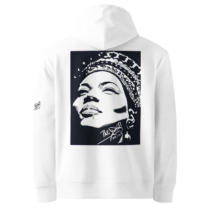 Back view showing the heavy organic cotton silhouette, structured drape, and relaxed hood of the SALA 5 | The Tattooed Diva | Heavyweight Eco Canvas Hoodie in white by PapiJohn®. Gallery archive piece, conscious luxury eco hoodie, and wearable art curated in Cadifornia by $arah Free 💎.