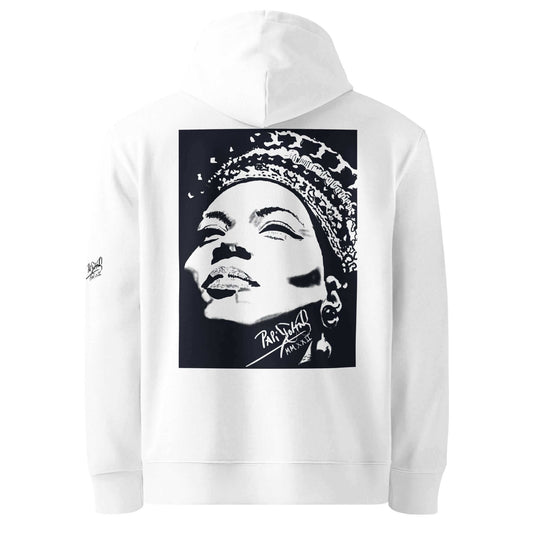Back view showing the heavy organic cotton silhouette, structured drape, and relaxed hood of the SALA 5 | The Tattooed Diva | Heavyweight Eco Canvas Hoodie in white by PapiJohn®. Gallery archive piece, conscious luxury eco hoodie, and wearable art curated in Cadifornia by $arah Free 💎.