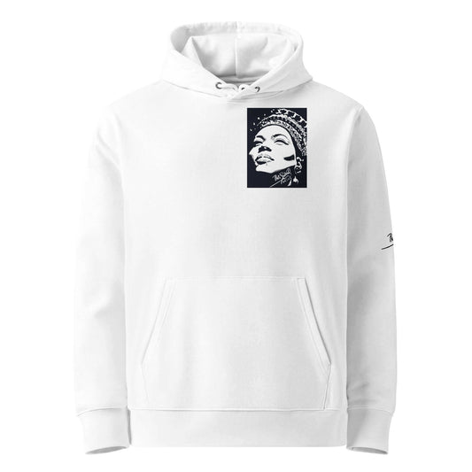 Front view of the SALA 5 | The Tattooed Diva | Heavyweight Eco Canvas Hoodie in white by PapiJohn®. Featuring chiaroscuro analog portrait artwork with tattoo tag branding on heavy organic white canvas by $arah Free 💎. High-end conscious luxury streetwear de autor curated in Cadifornia.