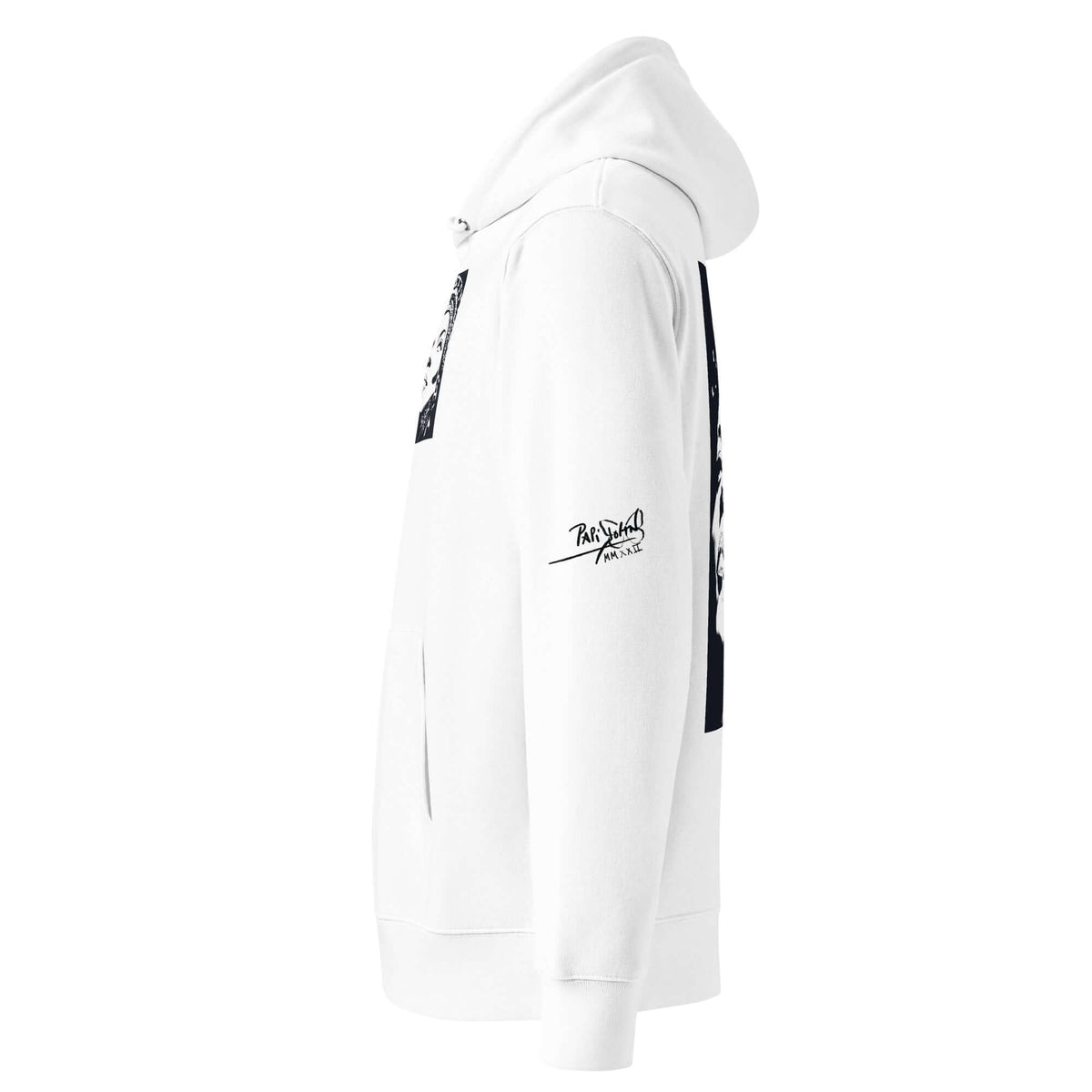 Close-up detail view highlighting the custom PapiJohn® icon signature placement on the left sleeve of the SALA 5 | The Tattooed Diva | Heavyweight Eco Canvas Hoodie by $arah Free 💎. Conscious luxury eco studio gear curated in Cadifornia.