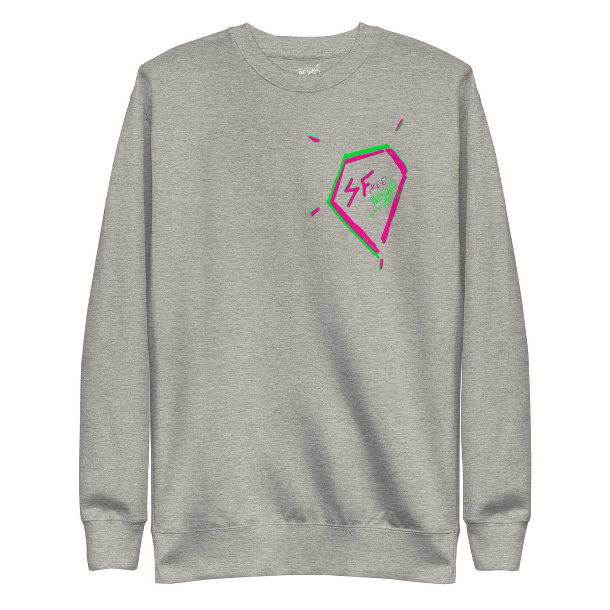 PapiJohn® 🏛️ Sala 5 | The West Coast Legacy | Premium Fleece Canvas — Front view of the Carbon Grey Crewneck. Displaying the minimalist Rapper's Diamond crest on the chest by $arah Free 💎 on heavy carbon grey brushed fleece. Authentic artist-driven streetwear and high-end visual expression from Cadifornia.