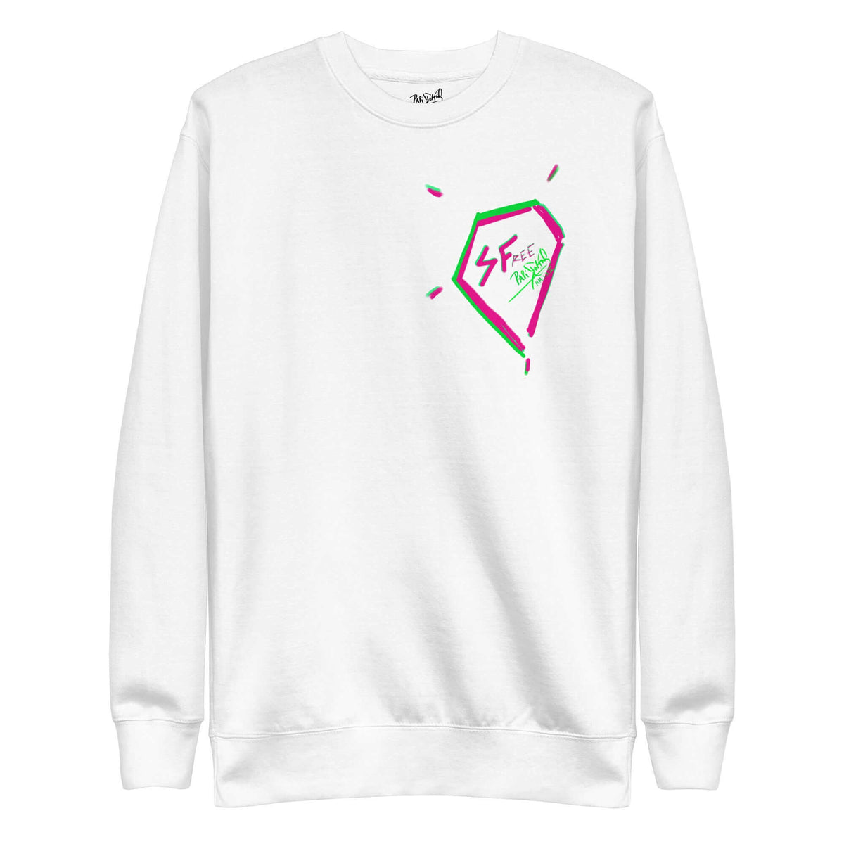 PapiJohn® 🏛️ Sala 5 | The West Coast Legacy | Premium Fleece Canvas — Front view of the White Crewneck. Featuring the iconic Rapper's Diamond acting as a heraldic shield of authenticity by $arah Free 💎 on heavy white brushed fleece. High-end conscious luxury streetwear de autor curated in Cadifornia.