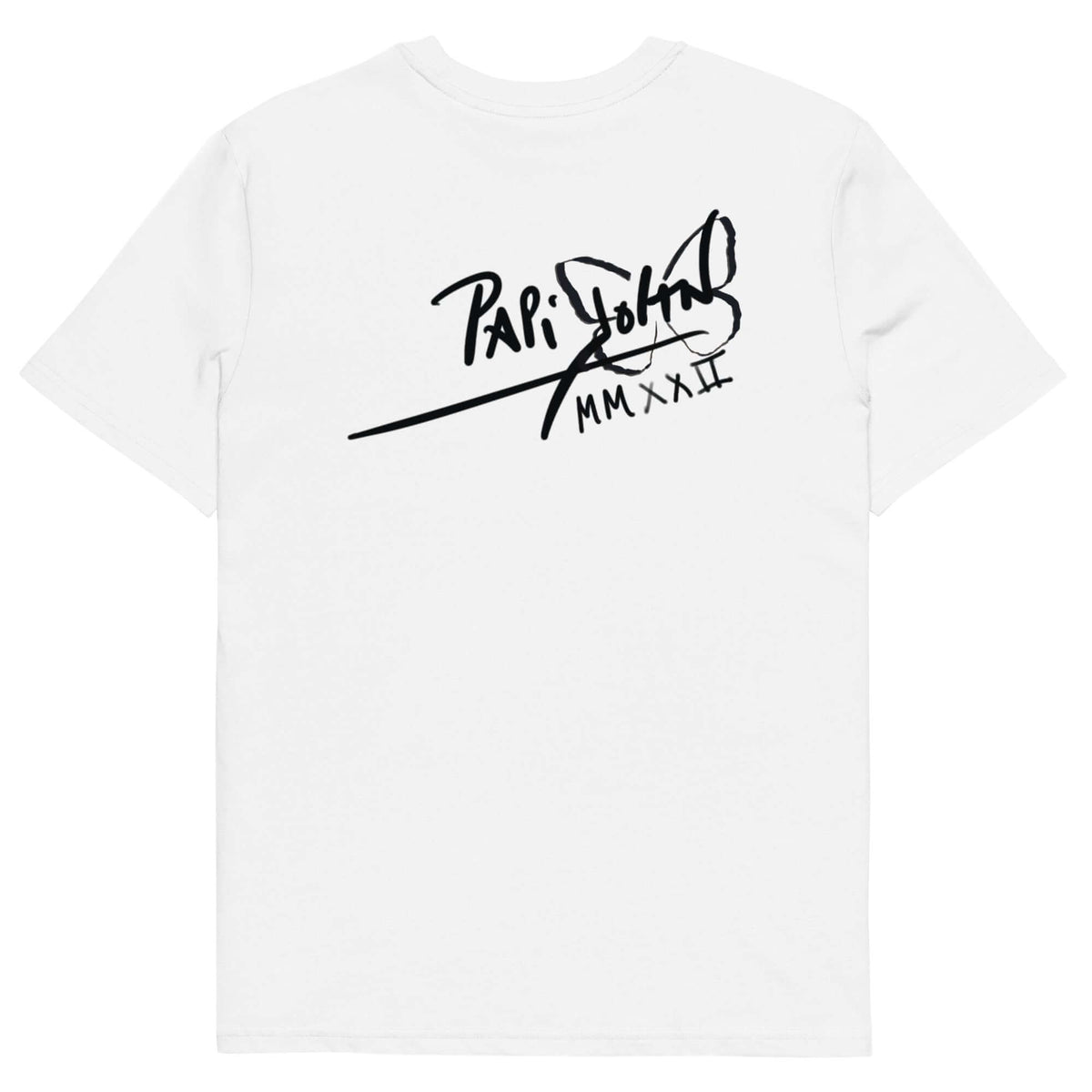 Back view showing the drape and PapiJohn® Icon Signature print on the SALA 6 | Beyond Gender Genius eco-street canvas. Heavyweight organic cotton canvas, gallery archive piece, and conscious art streetwear curated in Cadifornia by $arah Free 💎.