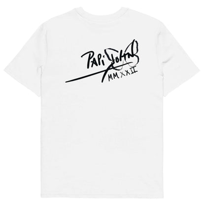 Back view showing the drape and PapiJohn® Icon Signature print on the SALA 6 | Beyond Gender Genius eco-street canvas. Heavyweight organic cotton canvas, gallery archive piece, and conscious art streetwear curated in Cadifornia by $arah Free 💎.