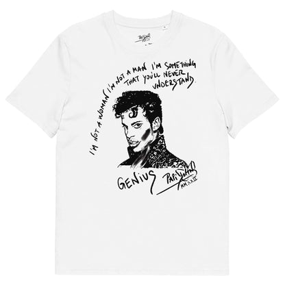 Front view of the SALA 6 | Beyond Gender Genius eco-street canvas by PapiJohn®. Featuring a three-quarter portrait artwork and manifesto quote honoring Prince by $arah Free 💎. High-end streetwear and luxury streetwear de autor curated in Cadifornia.