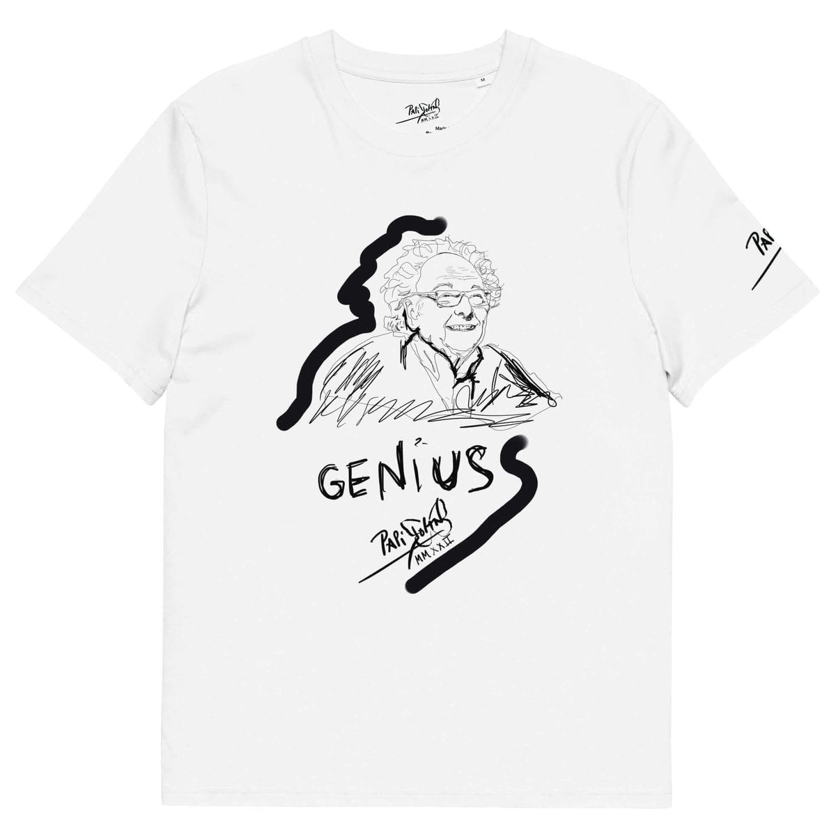 Front view of the SALA 6 | Brain Genie | Eco-Genius Piece White Canvas Tee by PapiJohn®. Featuring fine-line sketch portrait artwork framed with urban graffiti lines on eco-friendly white canvas by $arah Free 💎. High-end intellectual luxury streetwear de autor curated in Cadifornia.