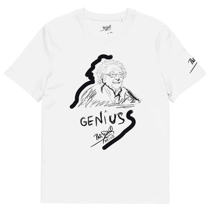 Front view of the SALA 6 | Brain Genie | Eco-Genius Piece White Canvas Tee by PapiJohn®. Featuring fine-line sketch portrait artwork framed with urban graffiti lines on eco-friendly white canvas by $arah Free 💎. High-end intellectual luxury streetwear de autor curated in Cadifornia.