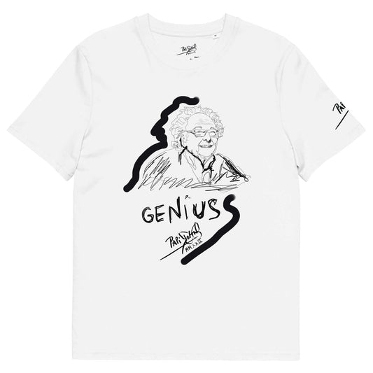 Front view of the SALA 6 | Brain Genie | Eco-Genius Piece White Canvas Tee by PapiJohn®. Featuring fine-line sketch portrait artwork framed with urban graffiti lines on eco-friendly white canvas by $arah Free 💎. High-end intellectual luxury streetwear de autor curated in Cadifornia.