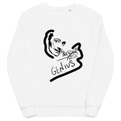 PapiJohn® 🏛️ Sala 6 | Dalí Hypnotic Genius | Eco-French Terry Piece — Front view of the White Crewneck. Featuring a surgical, minimalist sketch capturing the hypnotic gaze and iconic mustache of the surrealist genius, interacting with the house signature by $arah Free 💎 on premium eco-French terry. Conscious art and high-end streetwear curated in Cadifornia.