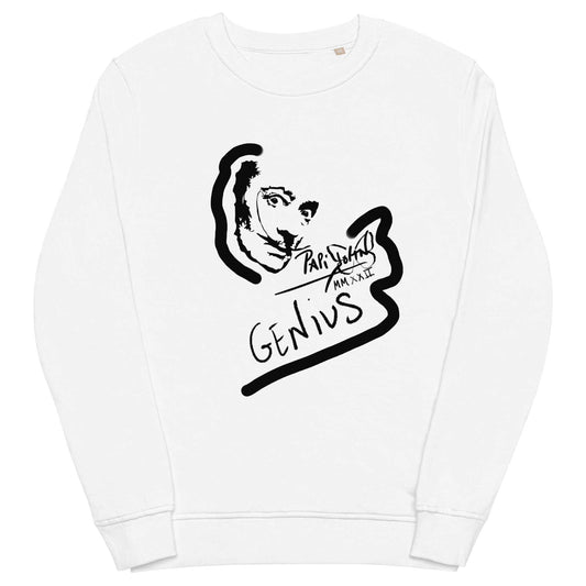PapiJohn® 🏛️ Sala 6 | Dalí Hypnotic Genius | Eco-French Terry Piece — Front view of the White Crewneck. Featuring a surgical, minimalist sketch capturing the hypnotic gaze and iconic mustache of the surrealist genius, interacting with the house signature by $arah Free 💎 on premium eco-French terry. Conscious art and high-end streetwear curated in Cadifornia.