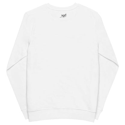 PapiJohn® 🏛️ Sala 6 | Dalí Hypnotic Genius | Eco-French Terry Piece — Back view of the White Crewneck. Displaying a clean, minimalist drape highlighted only by the PapiJohn® icon signature acting as a subtle external label tag by $arah Free 💎. Honest luxury apparel, sustainable eco-French terry, and wearable art gestated in Cadifornia.