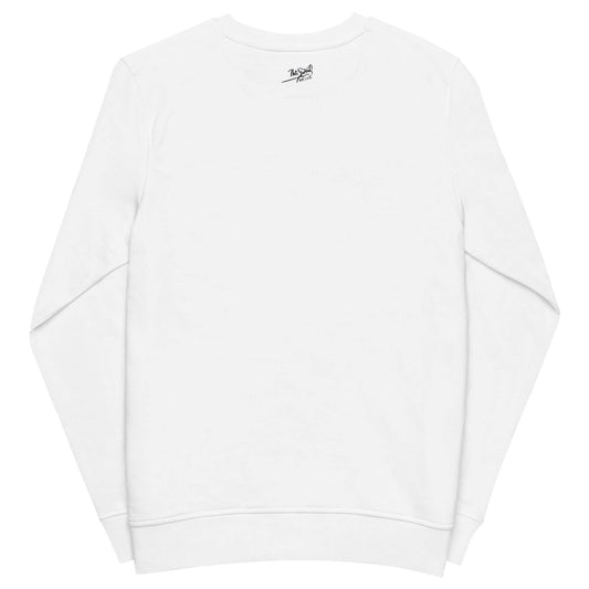 PapiJohn® 🏛️ Sala 6 | Dalí Hypnotic Genius | Eco-French Terry Piece — Back view of the White Crewneck. Displaying a clean, minimalist drape highlighted only by the PapiJohn® icon signature acting as a subtle external label tag by $arah Free 💎. Honest luxury apparel, sustainable eco-French terry, and wearable art gestated in Cadifornia.