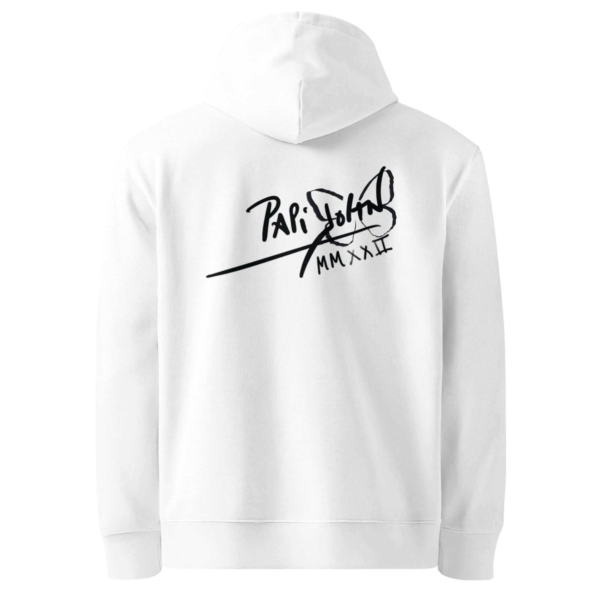 Back view showing the heavy organic cotton silhouette, structured drape, and relaxed hood of the SALA 6 | The Royal Manifesto | Eco Hoodie Piece by PapiJohn®. Gallery archive piece, conscious luxury eco hoodie, and wearable art curated in Cadifornia by $arah Free 💎. Close-up view highlighting the custom PapiJohn® icon signature branding placement on the back Conscious luxury eco studio gear.