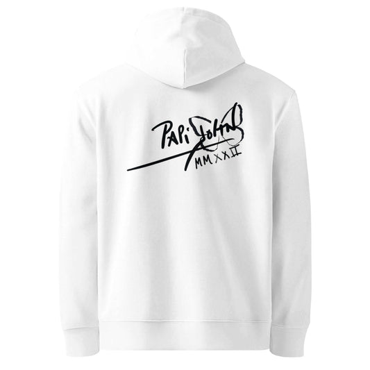 Back view showing the heavy organic cotton silhouette, structured drape, and relaxed hood of the SALA 6 | The Royal Manifesto | Eco Hoodie Piece by PapiJohn®. Gallery archive piece, conscious luxury eco hoodie, and wearable art curated in Cadifornia by $arah Free 💎. Close-up view highlighting the custom PapiJohn® icon signature branding placement on the back Conscious luxury eco studio gear.