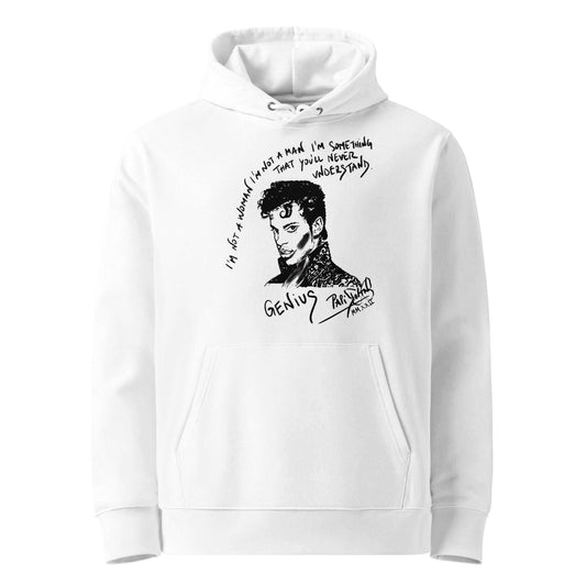 Front view of the SALA 6 | The Royal Manifesto | Eco Hoodie Piece by PapiJohn®. Heavy organic cotton hoodie featuring Prince quote conceptual artwork by $arah Free 💎. High-end conscious luxury streetwear de autor curated in Cadifornia.