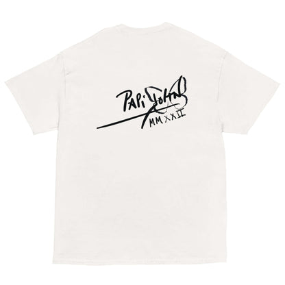 Back view showing the structured white canvas t-shirt silhouette and architectural drape of the SALA 6 | Timeless Legend | Pop-Art Sketch Piece by PapiJohn®. Gallery archive piece, honest luxury apparel, and conceptual wearable art curated in Cadifornia by $arah Free 💎.