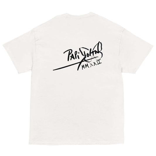 Back view showing the structured white canvas t-shirt silhouette and architectural drape of the SALA 6 | Timeless Legend | Pop-Art Sketch Piece by PapiJohn®. Gallery archive piece, honest luxury apparel, and conceptual wearable art curated in Cadifornia by $arah Free 💎.