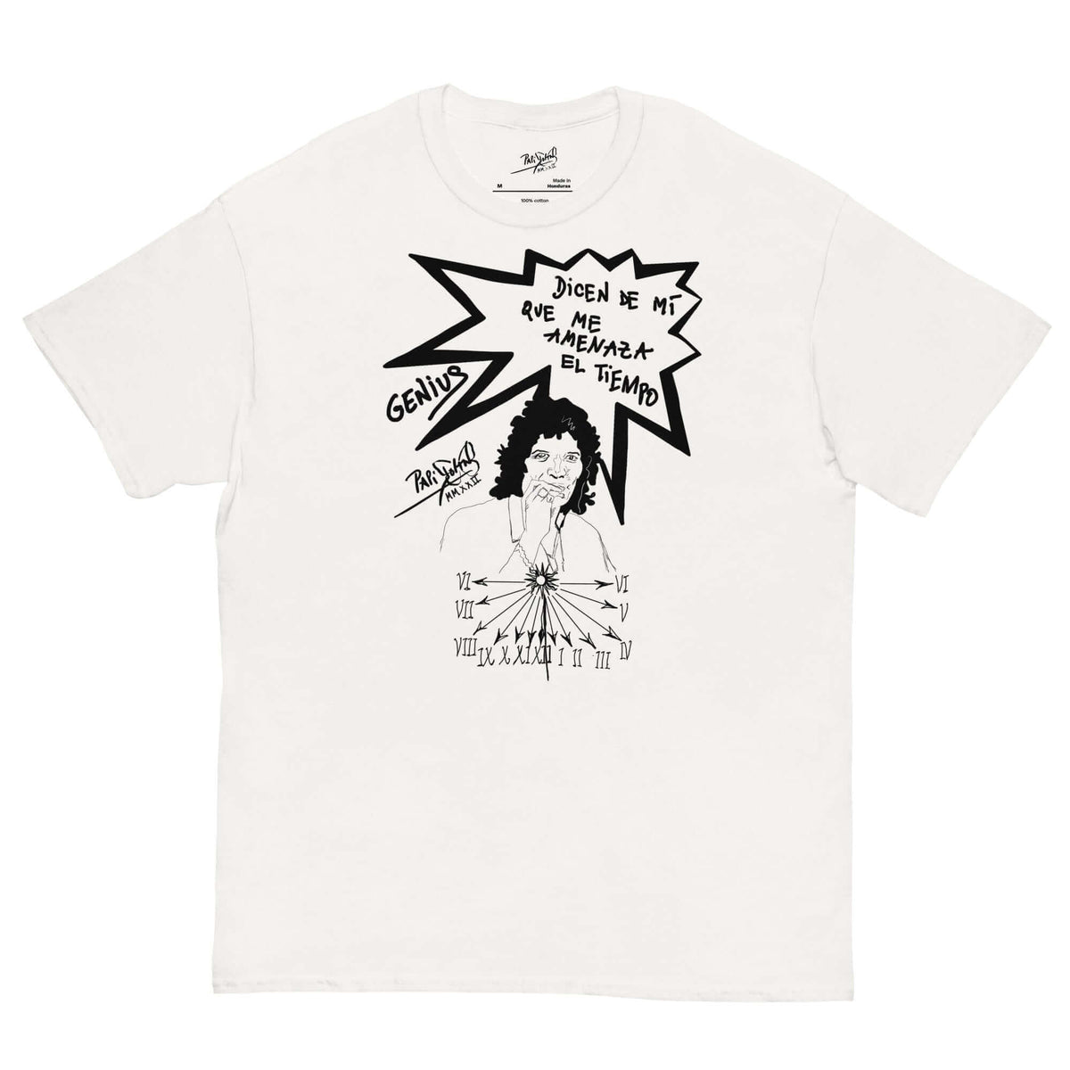 Front view of the SALA 6 | Timeless Legend | Pop-Art Sketch Piece White Canvas Tee by PapiJohn®. Featuring a pilot-sketch pop-art portrait tribute to Camarón de la Isla by $arah Free 💎. High-end intellectual luxury streetwear de autor curated in Cadifornia.