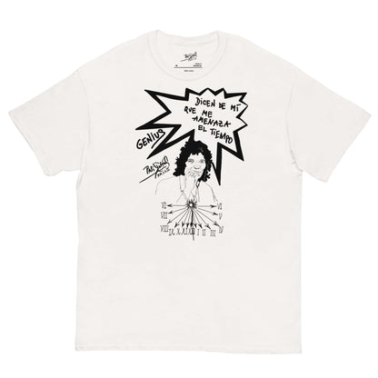 Front view of the SALA 6 | Timeless Legend | Pop-Art Sketch Piece White Canvas Tee by PapiJohn®. Featuring a pilot-sketch pop-art portrait tribute to Camarón de la Isla by $arah Free 💎. High-end intellectual luxury streetwear de autor curated in Cadifornia.