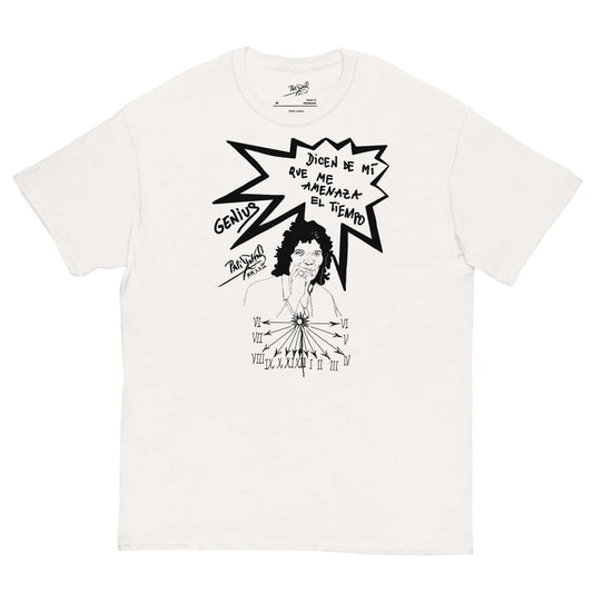Front view of the SALA 6 | Timeless Legend | Pop-Art Sketch Piece White Canvas Tee by PapiJohn®. Featuring a pilot-sketch pop-art portrait tribute to Camarón de la Isla by $arah Free 💎. High-end intellectual luxury streetwear de autor curated in Cadifornia.
